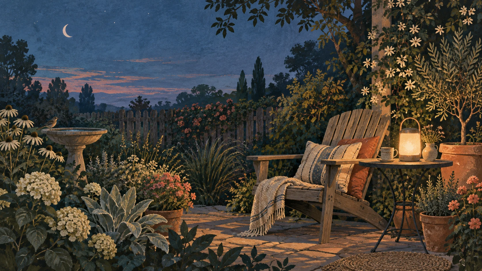 An illustrated garden patio at dusk with a lantern, chair, flowers and a bird bath